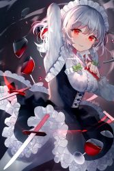 Rule 34 | 1girl, alcohol, apron, bow, braid, breasts, broken glass, center frills, commentary request, corset, cup, dress, drinking glass, frilled dress, frills, glass, green ribbon, hair ribbon, holding, holding knife, izayoi sakuya, knife, large breasts, long sleeves, looking at viewer, maid, maid apron, maid headdress, nail polish, red bow, red eyes, red nails, ribbon, sakizaki saki-p, shirt, silver hair, smile, solo, thighhighs, touhou, twin braids, twitter username, white apron, white shirt, white sleeves, white thighhighs, wine, wine glass