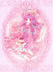 Rule 34 | 1girl, bad id, bad pixiv id, border, bow, cake, covering own mouth, doily, dress, female focus, food, fork, frills, gathers, hair bow, highres, lace, lace border, neme, ornate border, pantyhose, patchouli knowledge, pink theme, plate, print pantyhose, sitting, solo, striped, striped background, touhou