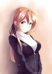 Rule 34 | 10s, 1girl, alternate costume, aqua eyes, blonde hair, blouse, breasts, cardigan, commentary request, cowboy shot, gradient background, hair between eyes, kantai collection, large breasts, long hair, long sleeves, looking at viewer, low twintails, mimelex, no headwear, prinz eugen (kancolle), shirt, simple background, solo, twintails, twitter username, upper body, white shirt