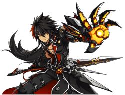 Rule 34 | 1boy, absurdres, artist request, belt, black coat, black gloves, black hair, black pants, claws, clenched teeth, coat, cowboy shot, elsword, fighting stance, gloves, highres, holding, holding sword, holding weapon, jewelry, long hair, looking at viewer, male focus, mechanical arms, multicolored hair, necklace, official art, orange eyes, outstretched hand, pants, raven cronwell, red hair, reverse grip, scar, single mechanical arm, solo, streaked hair, sword, teeth, transparent background, two-tone hair, veteran commander (elsword), weapon