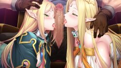 Rule 34 | 1boy, 2girls, all fours, blonde hair, blush, breasts, censored, collar, elf, elfen king, elsa (elfen king), emilia (elfen king), fellatio, game cg, gloves, green eyes, hands on another&#039;s head, hikage eiji, huracan, indoors, large breasts, licking, licking penis, long hair, looking at penis, lune (company), mosaic censoring, multiple girls, nana g, oral, original, penis, pointy ears, saliva, sitting, throne, tongue