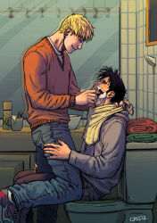 Rule 34 | 2boys, bara, bathroom, black hair, blonde hair, couple, cris art, denim, eye contact, hand on another&#039;s leg, holding razor, hulkling, jeans, looking at another, male focus, marvel, multiple boys, nike (company), pants, razor, razor blade, red shirt, shaving, shaving another, shaving beard, shirt, shoes, short hair, sideburns, smile, sneakers, thick eyebrows, wiccan, yaoi