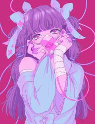 Rule 34 | 1girl, absurdres, bandages, bandaid, bare shoulders, blue bow, blunt bangs, bow, commentary request, hair bow, highres, long hair, looking at viewer, mask, mouth mask, multicolored eyes, off shoulder, open mouth, original, pink background, pink eyes, purple hair, smile, solo, twintails, usagiboshi shizuka, yami kawaii, yume kawaii