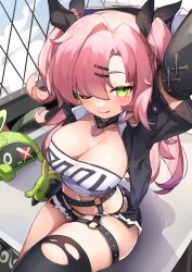 Rule 34 | 1girl, :q, arms up, bangboo (zenless zone zero), black ribbon, black shorts, black thighhighs, blush, breasts, cleavage, commentary request, crop top, detached sleeves, green eyes, hair between eyes, hair ornament, hair ribbon, hairclip, large breasts, long hair, mole, mole on breast, mole under eye, nicole demara, o-ring, pink hair, ribbon, short shorts, shorts, single thighhigh, sitting, strapless, ta nuki, thighhighs, tongue, tongue out, torn clothes, torn thighhighs, tube top, two side up, zenless zone zero