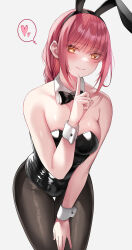 Rule 34 | 1girl, alternate costume, bare shoulders, black leotard, black necktie, braid, braided ponytail, chainsaw man, closed mouth, detached collar, heart, highres, index finger raised, leaning forward, leotard, makima (chainsaw man), nano (syoutamho), necktie, playboy bunny, red hair, simple background, smile, solo, spoken heart, tagme, thought bubble, white background, wrist cuffs