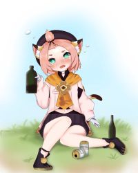 Rule 34 | absurdres, alcohol, animal ears, beer, cat ears, cat tail, dazed, diona (genshin impact), drunk, genshin impact, gloves, grass, highres, liquor, non-web source, tail