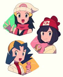 Rule 34 | 3girls, :d, beanie, black hair, black shirt, bracelet, character name, closed mouth, commentary request, creatures (company), dawn (pokemon), eating, food, game freak, grey eyes, hair ornament, hairclip, hand up, hat, highres, holding, jacket, jewelry, kris (pokemon), long hair, malasada, multiple girls, nintendo, open mouth, parted bangs, poke ball print, pokemon, pokemon dppt, pokemon gsc, pokemon sm, red headwear, red shirt, selene (pokemon), shirt, short hair, sleeveless, sleeveless shirt, smile, spread fingers, tongue, tyako 089, white headwear, white jacket, yellow headwear