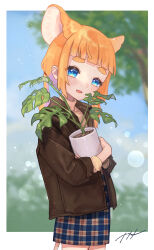 Rule 34 | 1girl, absurdres, animal ears, blue eyes, blunt bangs, blurry, blurry background, blush, highres, holding, indie virtual youtuber, jacket, long sleeves, looking at viewer, low ponytail, mouse ears, mouse girl, mouse tail, naname (7name), open mouth, orange hair, original, plaid, plaid skirt, plant, potted plant, skirt, solo, tail, thick eyebrows, turtleneck, virtual youtuber