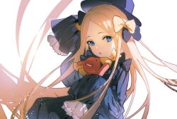 Rule 34 | abigail williams (fate), black dress, blonde hair, blue eyes, bow, dress, fate/grand order, fate (series), hair bow, highres, long hair, multiple hair bows, parted bangs, purple bow, sleeves past fingers, sleeves past wrists, stuffed animal, stuffed toy, teddy bear, uby401, very long hair, yellow bow