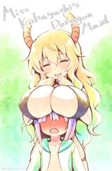 Rule 34 | 10s, 1boy, 1girl, ^ ^, absurdres, age difference, asami asami, blonde hair, blush, breast rest, breasts, breasts on head, child, cleavage, closed eyes, collarbone, dragon horns, english text, engrish text, faceless, faceless male, full-face blush, gradient hair, green hair, hair between eyes, hair over eyes, height difference, highres, horns, kobayashi-san chi no maidragon, large breasts, lucoa (maidragon), magatsuchi shouta, multicolored hair, onee-shota, open clothes, open shirt, parted lips, purple hair, ranguage, shirt, smile, wavy hair