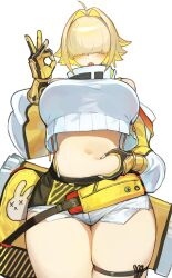 Rule 34 | 1girl, absurdres, ahoge, bare shoulders, belly grab, blonde hair, breasts, commentary request, cropped sweater, elegg (nikke), embroidery, exposed pocket, facing viewer, fang, gloves, goddess of victory: nikke, hair intakes, hair over eyes, highres, large breasts, long bangs, miao jiangyou, micro shorts, midriff, multicolored clothes, multicolored gloves, navel, ok sign, open mouth, plump, saliva, short shorts, shorts, simple background, skindentation, solo, stomach, suspender shorts, suspenders, thick thighs, thighs, white background