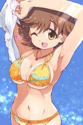 Rule 34 | 4040 (abonriya), armpits, arms up, bad id, bad twitter id, bikini, blouse, blue background, blush, breasts, brown hair, bubble background, cleavage, commentary request, eyelashes, heart, heart necklace, highres, honda mio, idolmaster, idolmaster cinderella girls, jewelry, large breasts, looking at viewer, navel, necklace, one eye closed, open mouth, orange bikini, print bikini, shirt, unworn shirt, short hair, smile, solo, star (symbol), stomach, swimsuit, wet, white shirt, yellow eyes