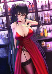 Rule 34 | 1girl, absurdres, ahoge, alcohol, azur lane, bar (place), bare shoulders, black panties, black thighhighs, bottle, breasts, champagne, champagne flute, choker, cleavage, cocktail dress, crossed bangs, cup, dress, drinking glass, evening gown, garter belt, hair between eyes, halter dress, halterneck, highres, huge breasts, ice, ice cube, lace, lace-trimmed legwear, lace panties, lace trim, long dress, long hair, looking at viewer, official alternate costume, panties, pouring, pouring onto self, purple hair, red choker, red dress, red eyes, sleeveless, sleeveless dress, solo, standing, taihou (azur lane), taihou (forbidden feast) (azur lane), thighhighs, tongue, tongue out, underwear, very long hair, wet, wet clothes, whiskey, you (yoyou)