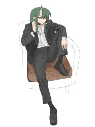 Rule 34 | 1girl, absurdres, arknights, black choker, black footwear, black jacket, black pants, black socks, bracelet, bright pupils, chinese commentary, choker, collared shirt, commentary request, full body, green hair, highres, horns, hoshiguma (arknights), jacket, jewelry, long hair, long sleeves, pants, pointy ears, scar, scar on face, shirt, simple background, single horn, sitting, socks, solo, suit jacket, white background, white pupils, white shirt, yanlingjinshilihuahua, yellow eyes
