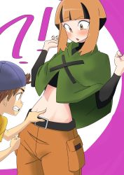 Rule 34 | !?, 1boy, 1girl, age difference, backwards hat, baseball cap, belt, belt buckle, black hair, blush, brown hair, buckle, capelet, cargo pants, clenched hand, clenched teeth, creatures (company), game freak, gardenia (pokemon), groin, hands up, hat, height difference, highres, looking down, midriff, multicolored hair, navel, navel fingering, navel insertion, navel poking, nintendo, npc trainer, open mouth, orange eyes, orange hair, pants, pokemon, pokemon dppt, pokemon hgss, poking, shirt, sidelocks, t-shirt, teeth, two-tone hair, undershirt, youngster (pokemon)