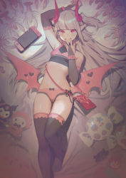 Rule 34 | 1girl, absurdres, animal, bag, bed, black thighhighs, blunt bangs, blush, bow, bow panties, bra, demon horns, demon wings, elbow gloves, fingerless gloves, fingernails, game console, gloves, grey hair, halterneck, hand on own face, handbag, handheld game console, heart, heart-shaped pupils, highres, horns, kuromi, lobster, long hair, lying, makaino ririmu, my melody, nail polish, nijisanji, nintendo switch, on back, onegai my melody, panties, parted lips, pink panties, pointy ears, red eyes, sanrio, solo, stuffed toy, symbol-shaped pupils, thigh gap, thighhighs, underwear, unti no azi, very long hair, virtual youtuber, wings