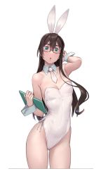 Rule 34 | 1girl, animal ears, aqua eyes, black-framed eyewear, black hair, cowboy shot, detached collar, fake animal ears, glasses, hair between eyes, highres, kantai collection, leotard, long hair, looking at viewer, ooyodo (kancolle), open mouth, playboy bunny, rabbit ears, simple background, solo, strapless, strapless leotard, white background, white leotard, wrist cuffs, yuuji (and)