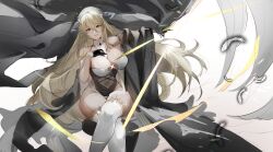 Rule 34 | 1girl, absurdres, azur lane, bare shoulders, between breasts, black gloves, blonde hair, breast cutout, breasts, cleavage, covered navel, crossed legs, fake horns, feathers, gloves, habit, hair between eyes, half gloves, hand on own chest, highres, horns, implacable (azur lane), kkk dami, large breasts, long bangs, long hair, looking at viewer, nun, pelvic curtain, red eyes, revealing clothes, sitting, solo, thighhighs, two-tone dress, veil, very long hair, white feathers, white horns, white thighhighs