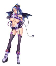Rule 34 | 1girl, blue hair, breasts, breasts out, cleavage, clothes lift, costume, dress, empty eyes, expressionless, fake tail, fake wings, full body, halloween costume, hime cut, kagami hirotaka, large breasts, lifting own clothes, lilith-soft, long hair, miniskirt, navel, nipples, no bra, official art, panties, puffy nipples, shiny skin, shirt lift, skirt, solo, tail, taimanin (series), taimanin asagi, taimanin rpgx, underwear, undressing, very long hair, white panties, wings, yatsu murasaki