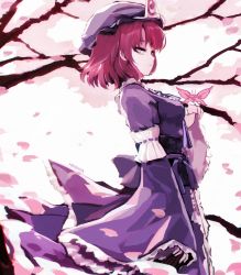 Rule 34 | 1girl, artist name, bad id, bad pixiv id, bug, butterfly, butterfly on hand, cherry blossoms, hat, insect, japanese clothes, kimono, looking at viewer, looking to the side, nekoya (liu), outdoors, purple hat, purple kimono, red hair, saigyouji yuyuko, short hair, solo, standing, touhou