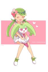 Rule 34 | 1girl, :d, ^ ^, bad id, bad pixiv id, bare arms, bare shoulders, blush, character name, closed eyes, creatures (company), dark-skinned female, dark skin, facing viewer, flower, full body, game freak, gen 7 pokemon, green footwear, green hair, hair flower, hair ornament, headband, heart, invisible chair, long hair, low twintails, mallow (pokemon), mei (maysroom), nintendo, no socks, on lap, open mouth, overalls, pokemon, pokemon (creature), pokemon sm, shoes, signature, sitting, sleeveless, smile, steenee, trial captain, twintails, two-tone background
