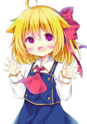 Rule 34 | 1girl, :d, ahoge, blonde hair, blue skirt, blue vest, blush, bow, collared shirt, commentary request, esureki, fang, hair between eyes, hair bow, hair flaps, hands up, head tilt, highres, long sleeves, looking at viewer, open mouth, red bow, red eyes, red neckwear, rumia, shirt, simple background, skirt, smile, solo, touhou, vest, white background, white shirt