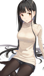 Rule 34 | 1girl, bad id, bad pixiv id, black hair, brown eyes, ear piercing, earrings, highres, jewelry, kimura (ykimu), long hair, looking to the side, open mouth, original, pantyhose, pantyhose under shorts, piercing, shorts, sitting, solo, sweater, turtleneck, turtleneck sweater, white background