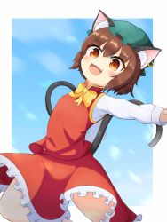 Rule 34 | 1girl, :3, :d, animal ears, brown eyes, brown hair, cat ears, cat tail, chen, earrings, fang, green hat, hat, highres, jewelry, koruk700, mob cap, multiple tails, nekomata, open mouth, short hair, single earring, smile, solo, tail, touhou, two tails