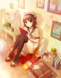 Rule 34 | 1girl, animal hat, ankle boots, black thighhighs, blue eyes, blush, book, boots, brown hair, bug, butterfly, cat, drawing, flower, hair ribbon, hat, indoors, insect, letter, light particles, looking at viewer, looking up, nekokan masshigura, note, original, painting (object), plaid, plant, pleated skirt, potted plant, puffy short sleeves, puffy sleeves, quilt, ribbon, sailor collar, shadow, short hair, short sleeves, sitting, sketchbook, skirt, skirt set, smile, solo, suitcase, sunlight, thighhighs, wooden floor