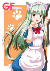 Rule 34 | 1girl, :d, absurdres, animal ears, apron, artist request, blue dress, blue eyes, blunt bangs, blush, cat ears, cat tail, cowboy shot, dress, girlfriend (kari), green background, green hair, highres, long hair, looking at viewer, maid, maid apron, maid headdress, masaoka mai, md5 mismatch, open clothes, open mouth, paw pose, resolution mismatch, simple background, smile, solo, source smaller, sparkle, tail, tomaton, very long hair