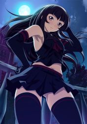 Rule 34 | 00s, 1girl, armpits, black gloves, black skirt, black thighhighs, breasts, brown eyes, brown hair, elbow gloves, from below, gloves, hand in own hair, hand on own hip, ikkitousen, long hair, looking at viewer, moon, navel, night, outdoors, pleated skirt, school uniform, sideboob, skirt, small breasts, smile, solo, ten&#039;i (ikkitousen), thighhighs, zettai ryouiki