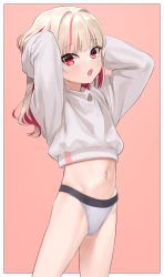Rule 34 | 1girl, :o, arms behind head, arms up, blonde hair, blunt bangs, border, colored inner hair, commentary, fang, grey panties, groin, highres, long hair, long sleeves, looking at viewer, makaino ririmu, midriff, multicolored hair, navel, nijisanji, no pants, open mouth, panties, pink background, pointy ears, red eyes, red hair, sabamen, shirt, simple background, skin fang, solo, streaked hair, two-tone hair, underwear, virtual youtuber, white border, white shirt