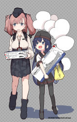 Rule 34 | 2girls, akatsuki (kancolle), alternate sleeve length, anchor hair ornament, anchor symbol, atlanta (kancolle), black footwear, black hair, black headwear, black legwear, black sailor collar, black skirt, blue eyes, boots, box, breasts, brown hair, commentary request, dated, dress shirt, earrings, artistic error, flat cap, full body, garrison cap, grey background, grey eyes, hair ornament, hat, high-waist skirt, historical name connection, id card, jewelry, kantai collection, large breasts, long hair, long sleeves, model kit, multiple girls, name connection, object namesake, open mouth, pantyhose, pleated skirt, sailor collar, school uniform, serafuku, shikishima fugen, shirt, short sleeves, skirt, smile, speech bubble, star (symbol), star earrings, suspender skirt, suspenders, template, twitter username, two side up, white shirt