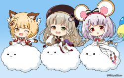 Rule 34 | 3girls, :3, :d, :o, ;d, animal, animal ears, balloon, bare shoulders, blonde hair, blue background, blush, bow, braid, brooch, brown dress, brown eyes, brown hair, brown headwear, chibi, closed eyes, closed mouth, cloud, commentary request, detached sleeves, dog ears, dress, erune, fang, gradient background, granblue fantasy, green eyes, grey hair, hair bow, hair ornament, hairclip, hands up, hat, heart, heart brooch, heterochromia, holding, holding balloon, jewelry, long hair, long sleeves, looking at viewer, mitya, mouse ears, multiple girls, notice lines, one eye closed, open mouth, outstretched arm, parted lips, pholia, red bow, red eyes, shirt, short eyebrows, sleeveless, sleeveless dress, sleeveless shirt, sleeves past wrists, smile, solid circle eyes, striped, striped bow, sweat, teeth, thick eyebrows, twitter username, upper teeth only, v-shaped eyebrows, vajra (granblue fantasy), very long hair, vikala (granblue fantasy), white shirt, white sleeves, white wolf, wide sleeves, wolf