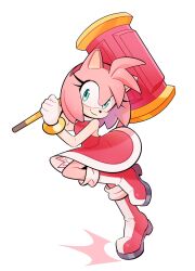 Rule 34 | 1girl, amy12042296, amy rose, animal ears, animal nose, bare shoulders, boots, bracelet, breasts, closed mouth, commentary, dress, eyelashes, furry, furry female, gloves, gold bracelet, green eyes, hairband, hammer, hands up, hedgehog ears, hedgehog girl, hedgehog tail, highres, holding, holding hammer, holding weapon, jewelry, leg up, looking to the side, medium breasts, toy hammer, pink fur, pink hairband, red dress, red footwear, simple background, sleeveless, sleeveless dress, smile, socks, solo, sonic (series), standing, standing on one leg, symbol-only commentary, tail, weapon, white background, white gloves, white socks