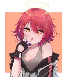 Rule 34 | 1girl, arknights, black gloves, breasts, chinese commentary, cleavage, commentary, exusiai (arknights), fingerless gloves, gloves, grey tank top, hair between eyes, halo, hand to own mouth, jacket, jiaowowuyujiuhao, looking at viewer, medium breasts, off shoulder, open mouth, orange background, orange eyes, red hair, short hair, simple background, sleeveless, solo, tank top, tongue, tongue out, upper body, white jacket