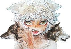 Rule 34 | androgynous, animal, animal ears, brown eyes, fang, highres, kanohaane, looking at viewer, messy hair, mouth pull, original, shirt, simple background, solo, t-shirt, traditional media, upper body, white background, white hair, wolf, wolf ears