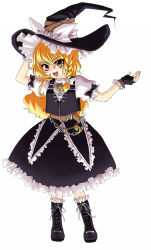 Rule 34 | 1girl, belt, blonde hair, boots, braid, chain, female focus, fingerless gloves, full body, gloves, hat, highres, kirisame marisa, long hair, simple background, skirt, solo, tetsuji, touhou, white background, witch, witch hat