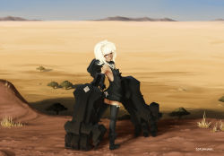 Rule 34 | 10s, 1girl, amputee, ankle boots, barbariank, black rock shooter, boots, desert, highres, hood, mechanical arms, ribbon, solo, strength (black rock shooter), tail, tan, thighhighs, white hair