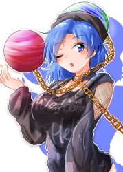 Rule 34 | 1girl, alternate costume, blue eyes, blue hair, blush, chain, clothes writing, collar, earth (ornament), fishnets, gold chain, hecatia lapislazuli, hecatia lapislazuli (earth), highres, hip focus, jpeg artifacts, looking at viewer, no pants, open mouth, oshiaki, short hair, solo, swept bangs, touhou, upper body
