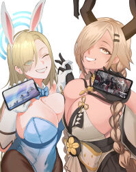 Rule 34 | 2girls, ;d, animal ears, aqua leotard, asuna (blue archive), asuna (bunny) (blue archive), asymmetrical bangs, asymmetrical docking, azur lane, bare shoulders, bismarck (azur lane), bismarck zwei (azur lane), black gloves, black skirt, blonde hair, blue archive, blue bow, blue bowtie, blue eyes, blue halo, blue leotard, blush, bow, bowtie, braid, breast press, breasts, cellphone, cleavage, commentary, commission, dark-skinned female, dark skin, detached collar, elbow gloves, english commentary, eyes visible through hair, fake animal ears, gloves, grin, hair ornament, hair over one eye, hairclip, halo, highleg, highleg leotard, highres, holding, holding hands, holding phone, horn ornament, horns, huge breasts, large breasts, leotard, light brown hair, long bangs, long hair, looking at viewer, mole, mole on breast, mole under mouth, momofoo, multiple girls, obi, official alternate costume, one eye closed, one eye covered, open mouth, owari (azur lane), pantyhose, phone, playboy bunny, pleated skirt, rabbit ears, sash, skirt, smartphone, smile, strapless, strapless kimono, strapless leotard, traditional bowtie, twin braids, upper body, very long hair, white background, white gloves, yellow eyes