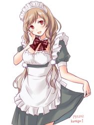 Rule 34 | 1girl, alternate costume, apron, black dress, blue eyes, blush, braid, breasts, dress, frills, gradient hair, kantai collection, kurage1, large breasts, light brown hair, long hair, looking at viewer, maid, maid headdress, minegumo (kancolle), multicolored hair, one-hour drawing challenge, open mouth, red eyes, ribbon, short sleeves, simple background, solo, twin braids, white background