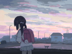 Rule 34 | 1girl, animal, backpack, bag, bag charm, black hair, building, charm (object), child, cowboy shot, dusk, facing away, from behind, gradient sky, hair ornament, highres, holding strap, lamppost, long hair, low twintails, miniskirt, original, outdoors, oyu, petticoat, pink sky, randoseru, red bag, scenery, short sleeves, skirt, sky, solo, transmission tower, twilight, twintails