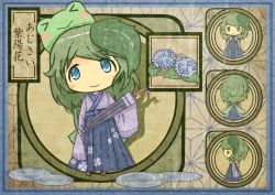 Rule 34 | &gt; &lt;, 1girl, akihiyo, asa no ha (pattern), blue eyes, blush stickers, character sheet, closed umbrella, closed eyes, fairy, flower, frog, from behind, green hair, hair ornament, hydrangea, japanese clothes, kimono, oil-paper umbrella, original, personification, solo, translation request, umbrella