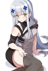Rule 34 | 1girl, alternate costume, black thighhighs, blush, cross hair ornament, girls&#039; frontline, girls&#039; frontline 2: exilium, green eyes, grey hair, hair ornament, highres, hk416 (girls&#039; frontline), jjuwaap, long hair, looking at viewer, sitting, solo, thighhighs, thighhighs pull, uniform, white background