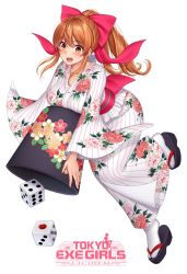 Rule 34 | 1girl, blush, bow, breasts, brown eyes, brown hair, clog sandals, dice, floral print, full body, gaien nozomi, hair bow, highres, japanese clothes, kimono, large breasts, long hair, long sleeves, obi, official art, okobo, open mouth, ponytail, re:shimashima, red bow, sandals, sash, sidelocks, solo, tabi, tokyo exe girls, wide sleeves