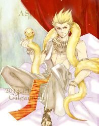 Rule 34 | 1boy, armlet, bed, blonde hair, bracelet, dated, earrings, fate/zero, fate (series), gilgamesh (fate), highres, jewelry, jun (ash), male focus, necklace, red eyes, sandals, snake, solo, toga