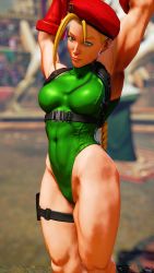 Rule 34 | 1girl, 3d, absurdres, antenna hair, bare shoulders, blonde hair, braid, breasts, cameltoe, cammy white, covered navel, curvy, gloves, green leotard, hat, highleg, highleg leotard, highres, leotard, lips, long hair, looking to the side, medium breasts, red gloves, red hat, ryona, screencap, shiny clothes, smile, solo, street fighter, street fighter v, stretching, thighs, third-party edit, thong leotard, twin braids, very long hair, wide hips