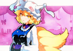 Rule 34 | 1girl, animal ears, animal hat, blonde hair, blush, dress, fox ears, fox tail, hands in opposite sleeves, hat, highres, mob cap, multiple tails, open mouth, qqqrinkappp, short hair, sleeves past fingers, sleeves past wrists, solo, tabard, tail, touhou, traditional media, upper body, white dress, white hat, wide sleeves, yakumo ran, yellow eyes
