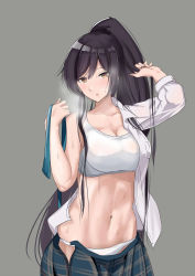 Rule 34 | 1girl, :o, abs, black hair, bra, breasts, brown eyes, cleavage, commentary request, cowboy shot, dress shirt, green ribbon, green skirt, grey background, hand in own hair, highres, holding, holding ribbon, hot, idolmaster, idolmaster shiny colors, large breasts, long hair, long sleeves, looking at viewer, navel, open clothes, open shirt, open skirt, panties, partial commentary, plaid, plaid skirt, pleated skirt, ponytail, ribbon, schreibe shura, shirase sakuya, shirt, simple background, skindentation, skirt, solo, sports bra, standing, steam, sweat, underwear, undressing, very long hair, white bra, white panties, white shirt
